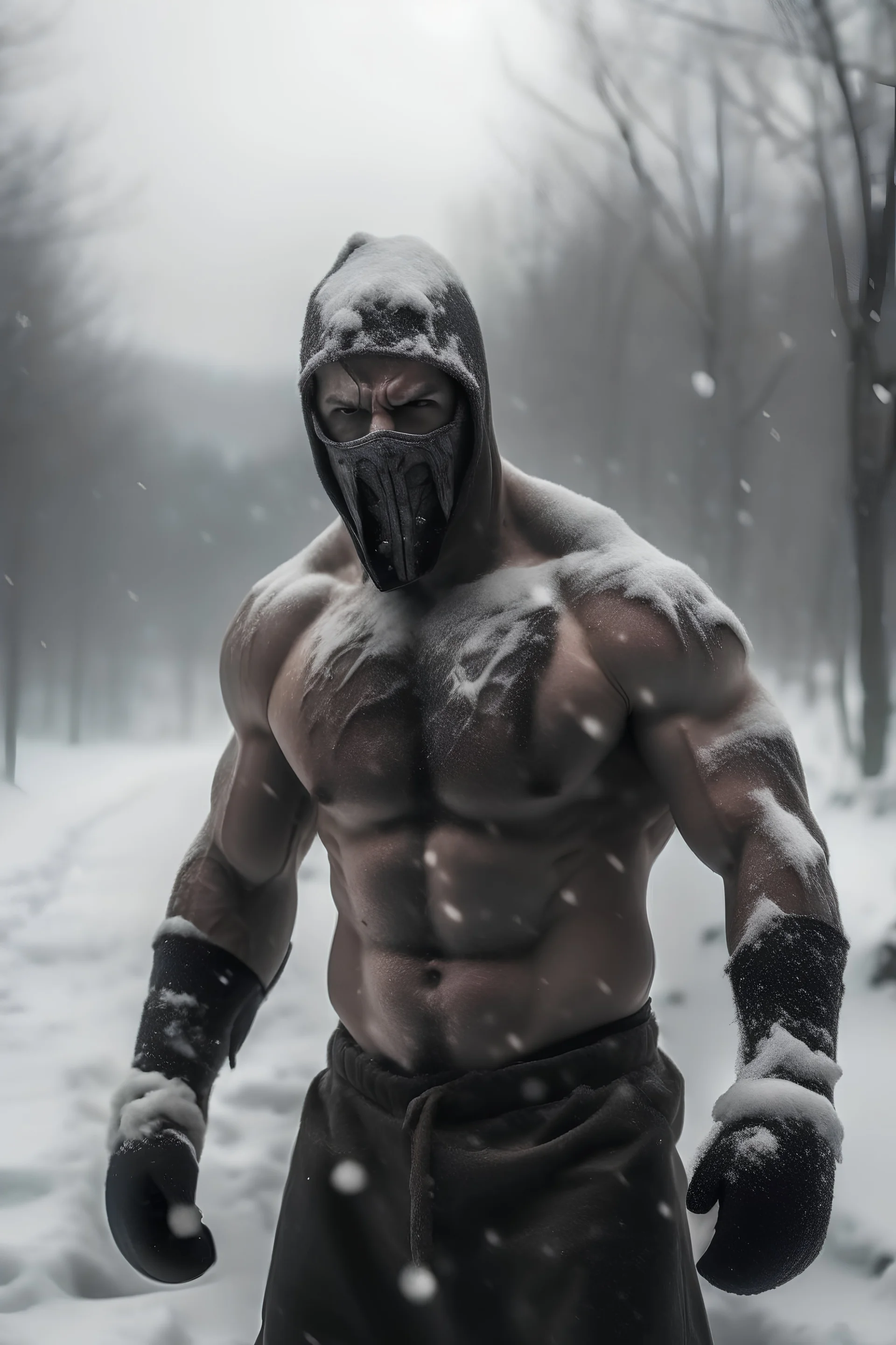 a man, muscular tough, shirtless, scarred, bruised, heroic, standing in a middle of a snowy wilderness, harsh cold climate, stormy, daylight, wearning an iron face mask cover, walking through storm, tough and strong vibes