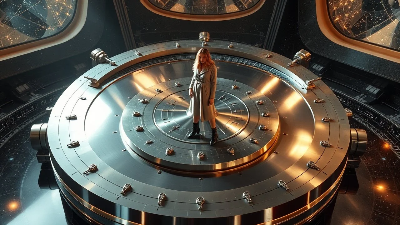 picture of a very huge real working physic based gyroscope with mirror surfaces in a inter star environment ,a very pretty lady with modern clothing boots standing on main turning disk of gyroscope.1x1.