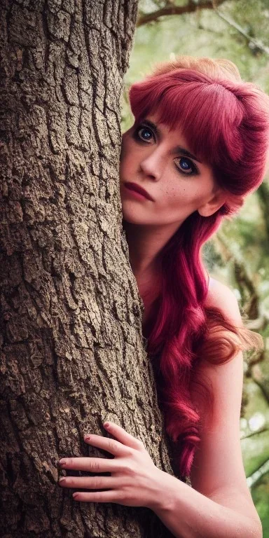 portrait of a very beautiful lady setting in the tree, model posture, details, texture, brown eyes, freckles, white hair, dangerous, playful, mountains, nature, flowers, fire, street style, 80s fashion, retro, classic, casual, Queen Catherine , magenta, aqua, abstract