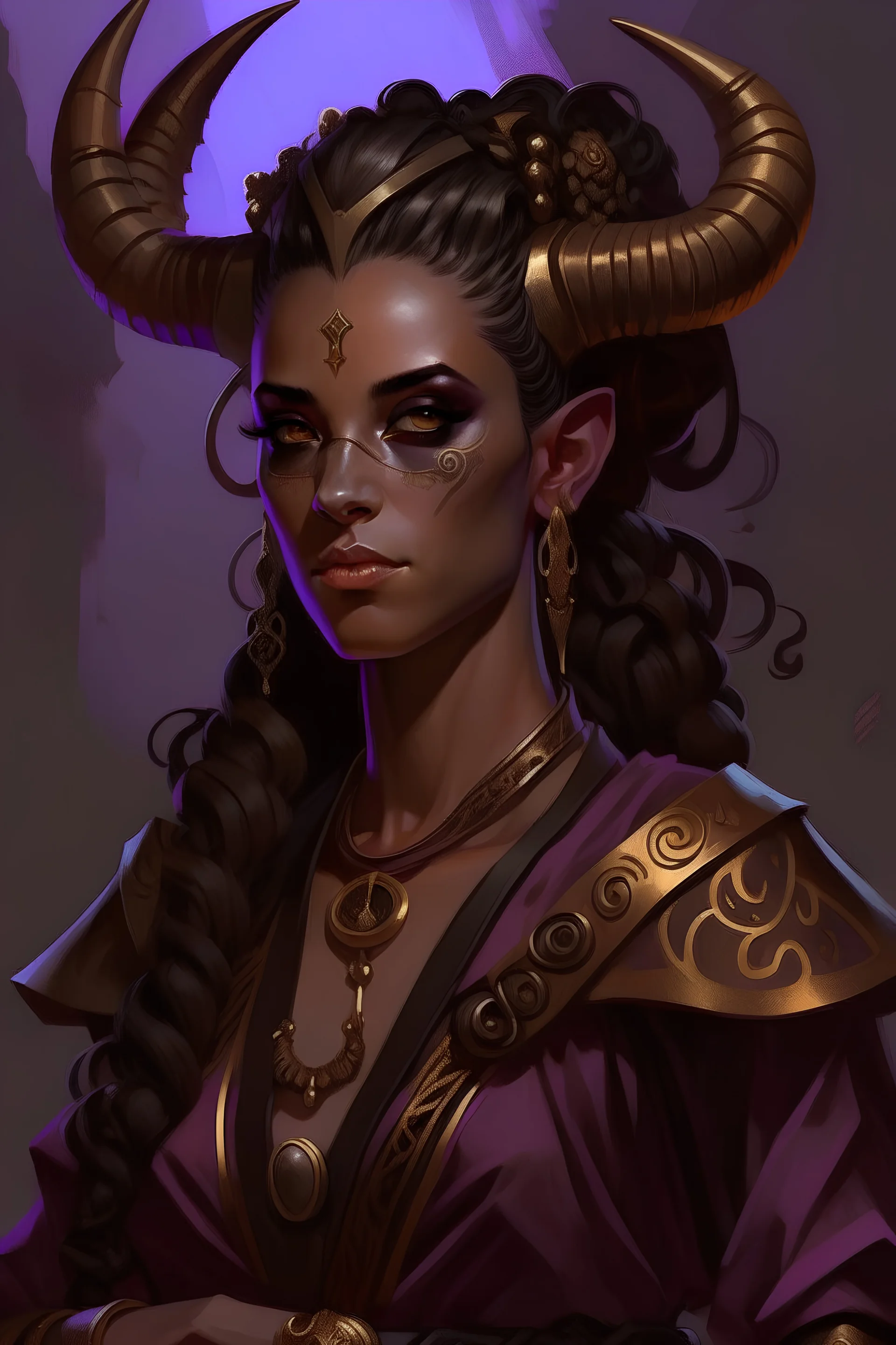 dnd, fantasy, high resolution, portrait, tiefling female priest with long horns