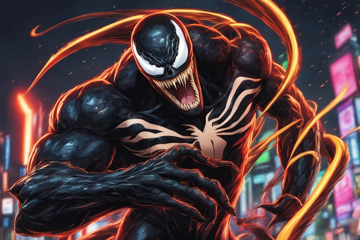 Venom in 8k Hayao Miyazaki draw style, yu gi oh them, neon effect, close picture, rain, highly detailed, high details, detailed portrait, masterpiece,ultra detailed, ultra quality