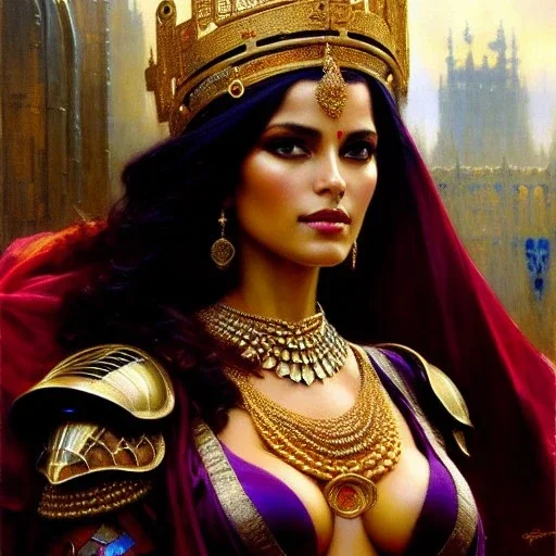 portrait beautiful face queen of Sheba ,busty,medieval metal armor balanciaga fashion clothe painting by gaston bussiere, greg rutkowski, yoji shinkawa, yoshitaka amano, tsutomu nihei, donato giancola, tim hildebrandt, oil on canvas, cinematic composition, extreme detail,fit full head inside picture