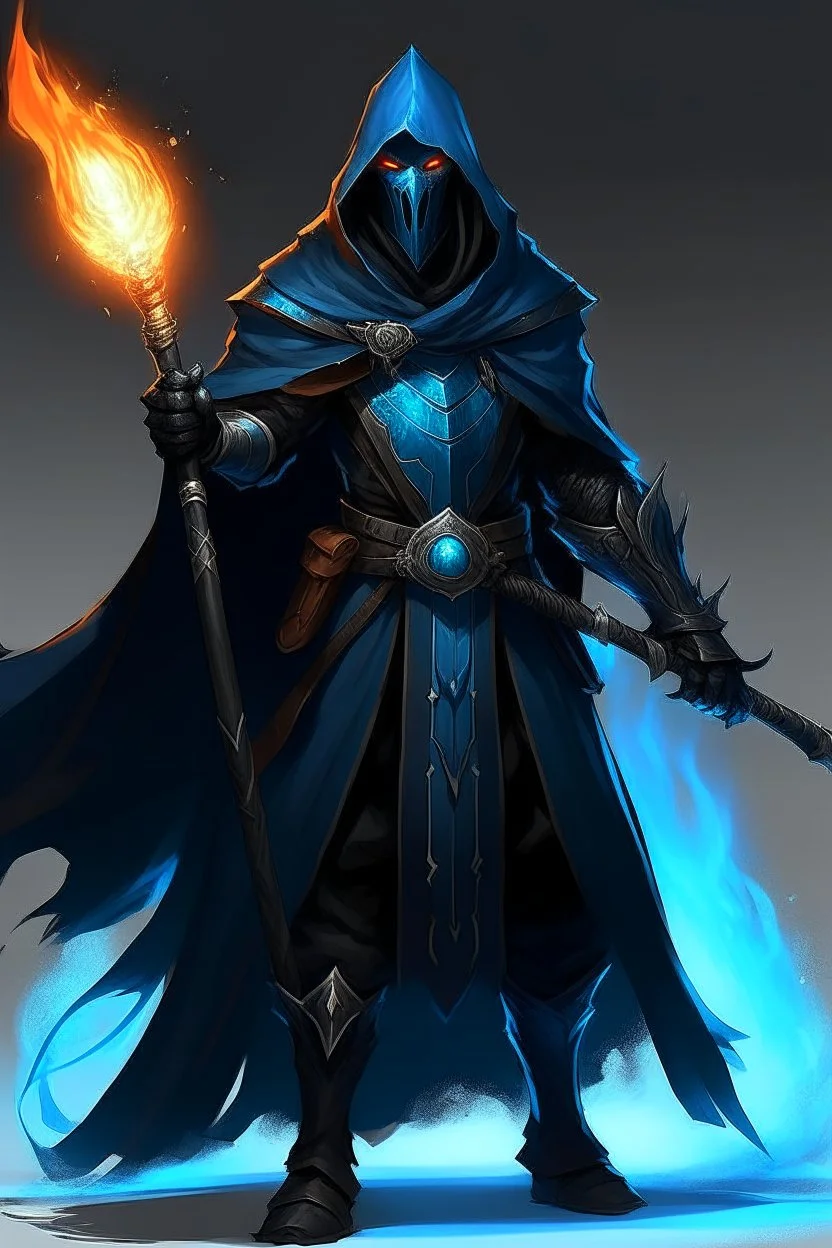 A warrior with a matte black combat helmet and eyes with bright blue flaming pupils, a black cape and a long coat with long combat boots and a long, sharp and fiery spear and with his helmet under his cape and two blue flames instead of eyes