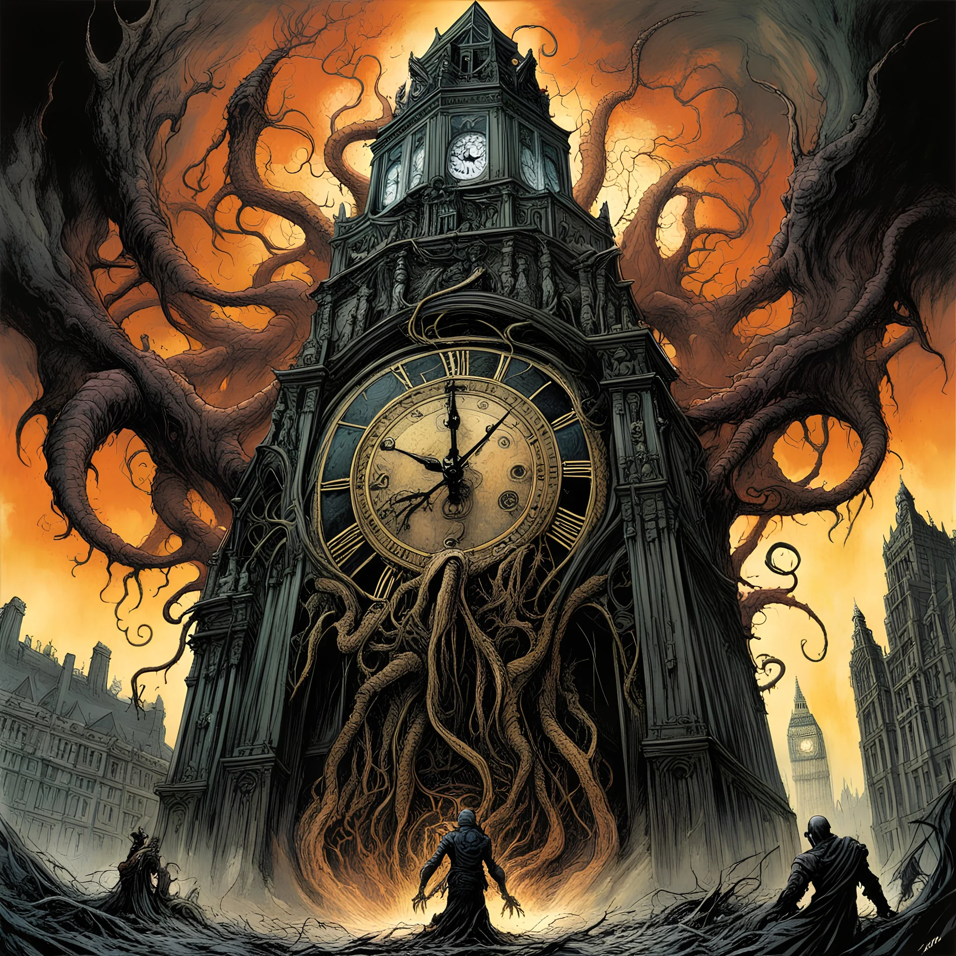 by Michael Whelan and Jack Ohman and Luis Royo and Ashley Wood, Lovecraftian eruption in London, Yog Sothoth elder god knocks over Big Ben clock tower, nightmarish images pour out of its mouth blanketing the London streets with a miasma of Eldritch horrors, fantastical digital art, dramatic, Eldritch, hyperdetailed, dark colors, infinity stretch, Big Ben in rubble.