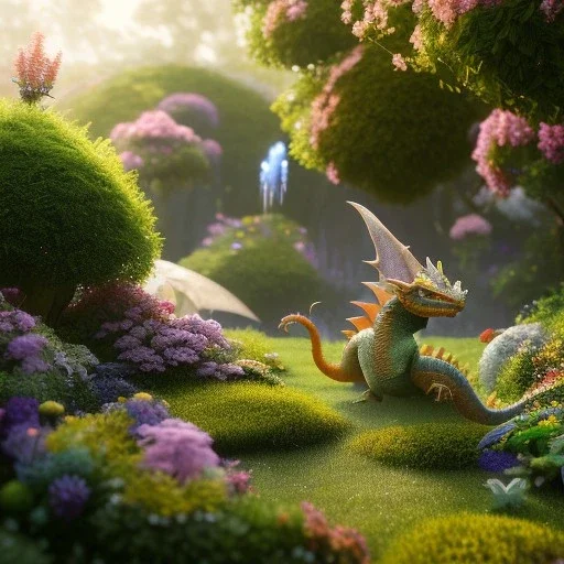 pixar style, volumetric summer garden environment and background, realistic painting of baby dragon, looking excited, volumetric lighting, dramatic lighting, detailed digital painting, extreme dense and fine fur, anime, ornate, colour-washed colors, elegant, small minutiae, tiny features, particulars, centered, smooth, sharp focus, renderman gofur render, 8k, uhd, detailed eyes, realistic shaded volumetric lighting, sunlight caustics, backlight, centered camera view