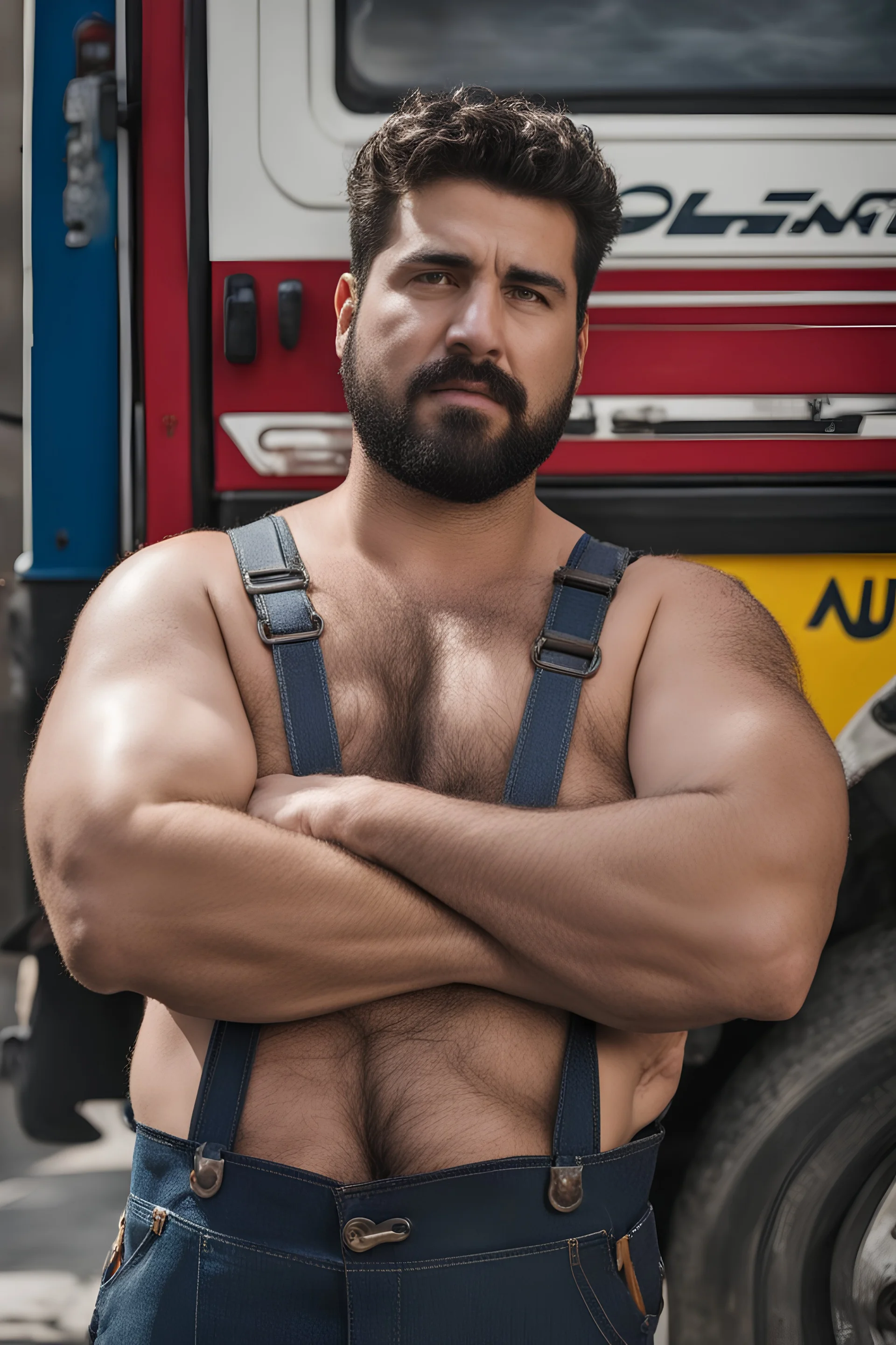 close up photography of an ugly 36 year old chubby robust burly turkish plumber, wearing his work unbuttoned bulging overalls, bulge, shirtless, leaning with his back to his van, arms folded and emotive look, ajar mouth, hairy chest, , very virile, short black beard, shaved hair, sweat, , in a sunny street, photorealistic , frontal view from the ground