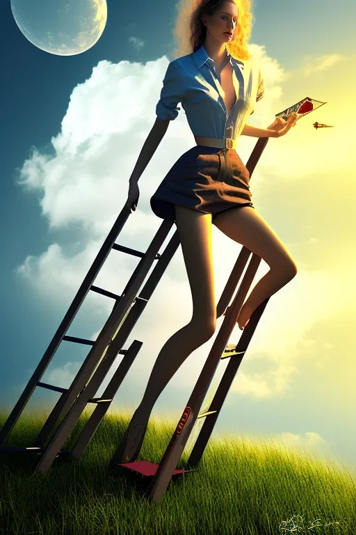 woman on the ladder above clouds