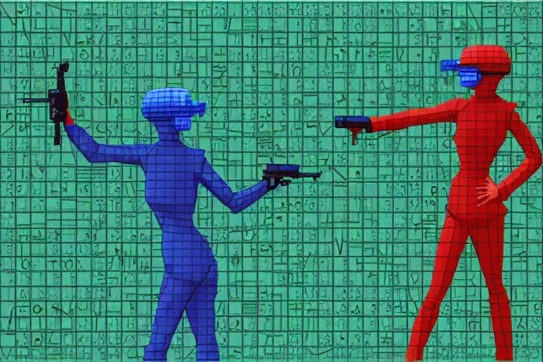 Dark green to cyan body color. Girls with slim body. Pointing with pistol. Man behind the image. Cyber-punk. Surrealistic, no eyes. Red and blue mathematical 3D-tiling. Escher tiling background. Oppressive atmosphere. Soviet propaganda. Partly symmetrical in relation to the movement. Perfect golden ratio in vertical and horizontal directions. Deep blue geometrical hexagon in 11th dimension. Narrow focal plane.