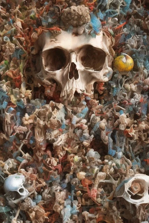 a picture of a dark, comedic, anatomically correct wall of colorful tightly packed skulls of varying sizes and expressions, photo realistic, insanely meticulous, highly detailed, part of a collection of bones on display, 64k, dystopian, vray stained glass