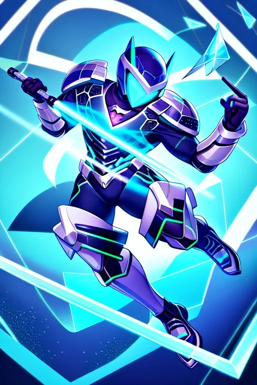 neon blue, flying parts of armor in form of triangles, cyber armor, geometric patterns on armor, male, orbiting triangle