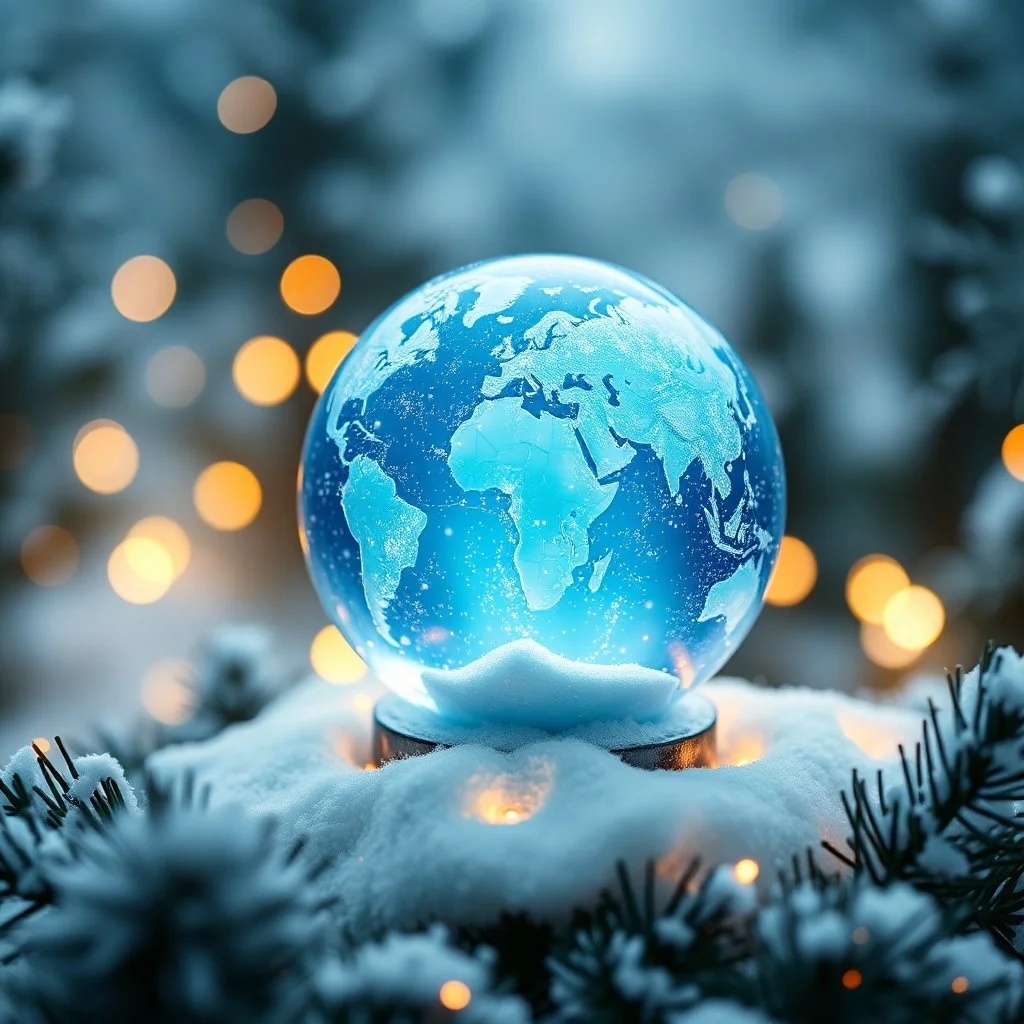 all World Map Globe xmas crystal snowBall in Blue-white Colors and little warm lights around, blur background with snowflakes , and pines, intricate details, beautifully shot, hyperrealistic, sharp focus, 64 megapixels, perfect composition