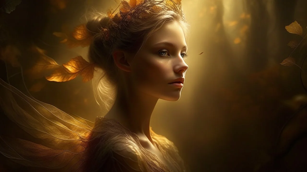 a dreamy and surreal portrait of a capricious being, bathed in a warm golden light of chiaroscuro, with delicate lace-like wings and an enigmatic and knowing gaze, surrounded by lush, vibrant foliage and a faint, ethereal mist.