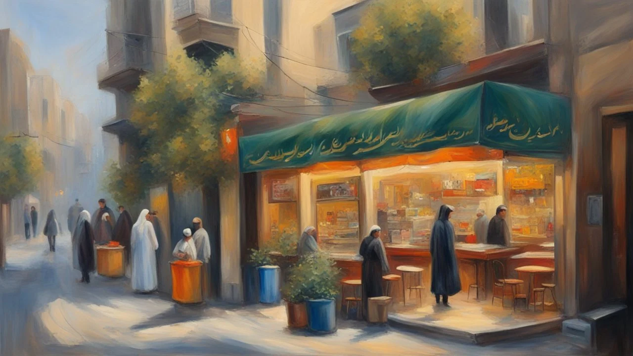 a street with cafe shops like Tehran. oil painting