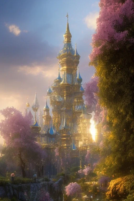 landscape, city of the elves, rose, gold, very blue sky, crystal domes, glistening oiled shiny, intricate, Exquisite details and textures, highly detailed, digital painting, artstation, concept art, sharp focus, nature background, illustration, 8k, by stability ai, nvidia