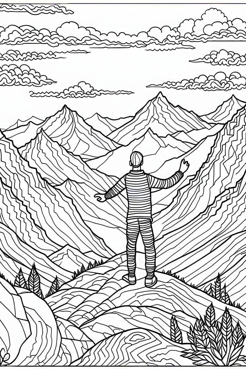 A person standing on a mountaintop, arms outstretched.coloring book page, simple and clean line art, adult drawing book, black and white, crisp black lines, no shades, sharp lines, coloring book for adults, cartoon style, landscape