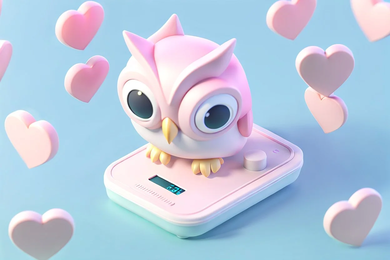 Tiny cute isometric Owl like emoji, Air Quality monitor with LCD display, heart shape, soft lighting, soft pastel colors, 3d icon clay render, blender 3d, pastel background --v 4 --s 750