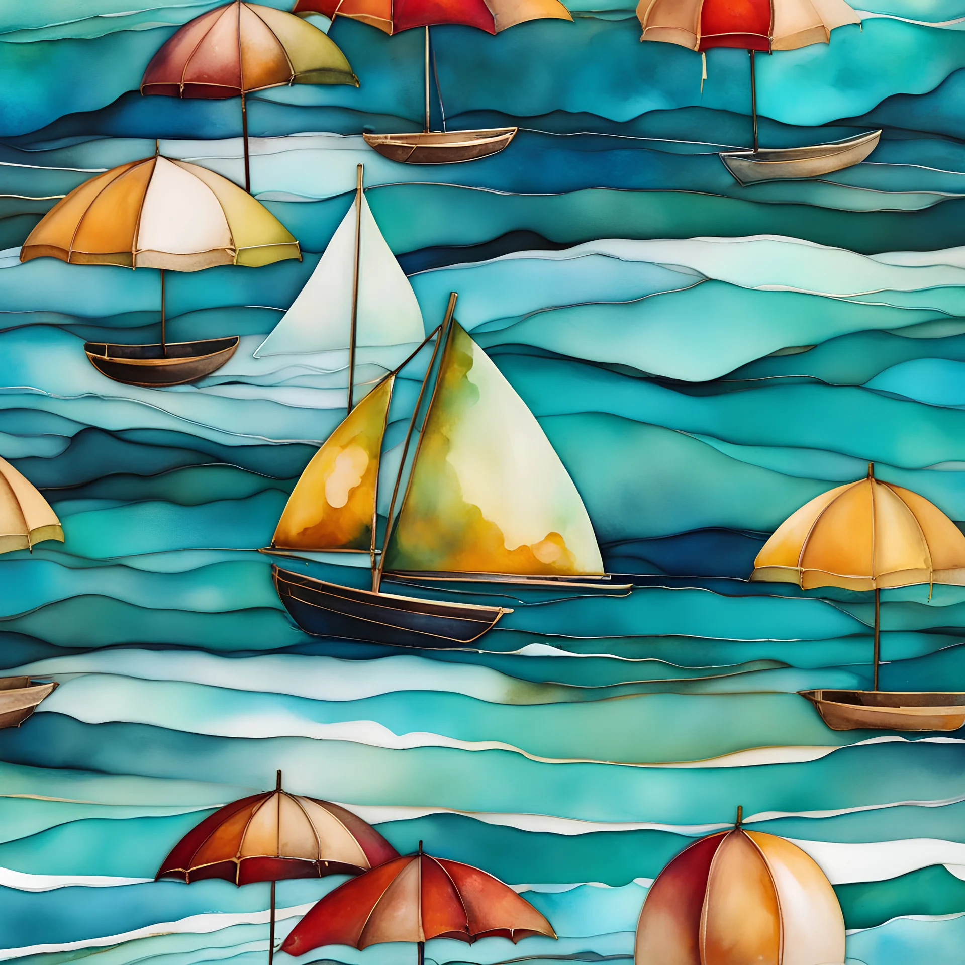 Alcohol ink art. Vibrant, fantasy, delicate, ethereal. Sailboat. Shades of blue, teal, aqua, turquoise, white. waves on shore. Sun. colorful beach umbrella. Background ink drip.