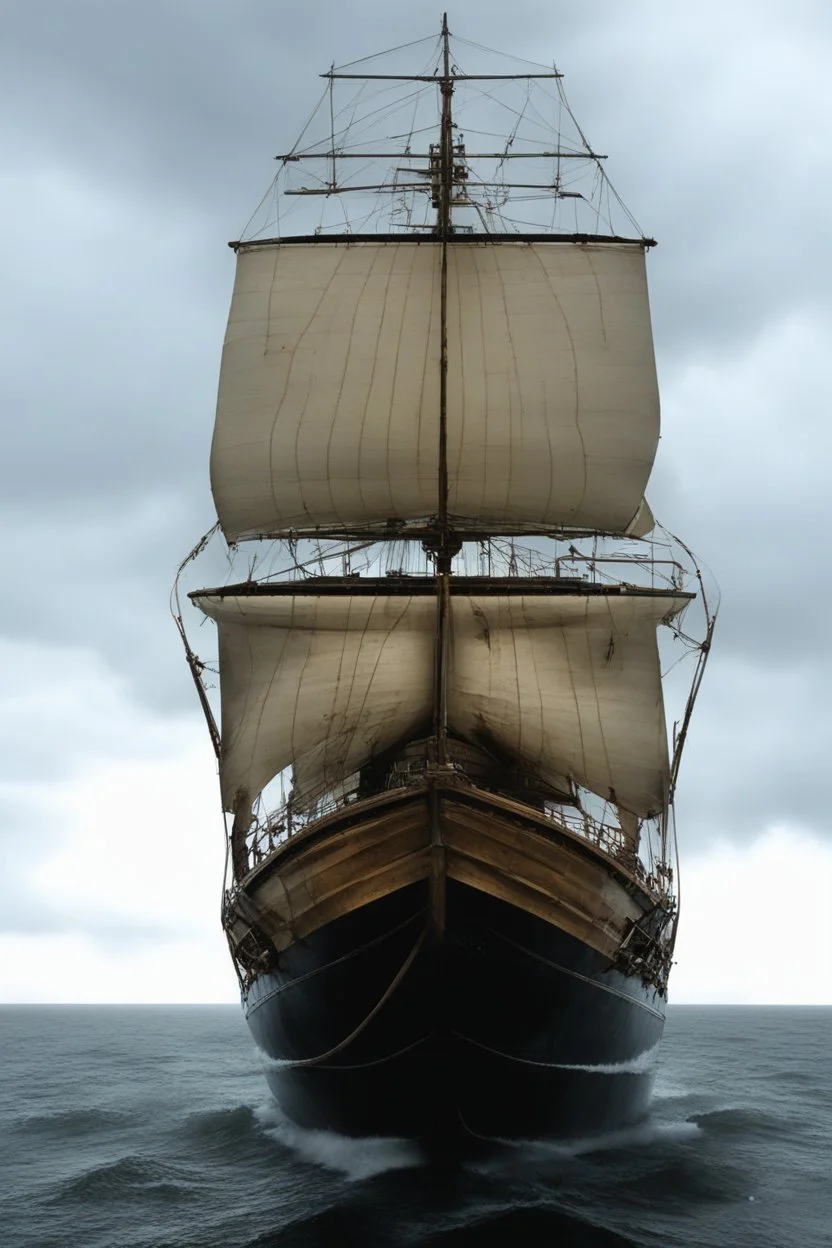 Ship front view. Spider figurehead at night with stormy weather