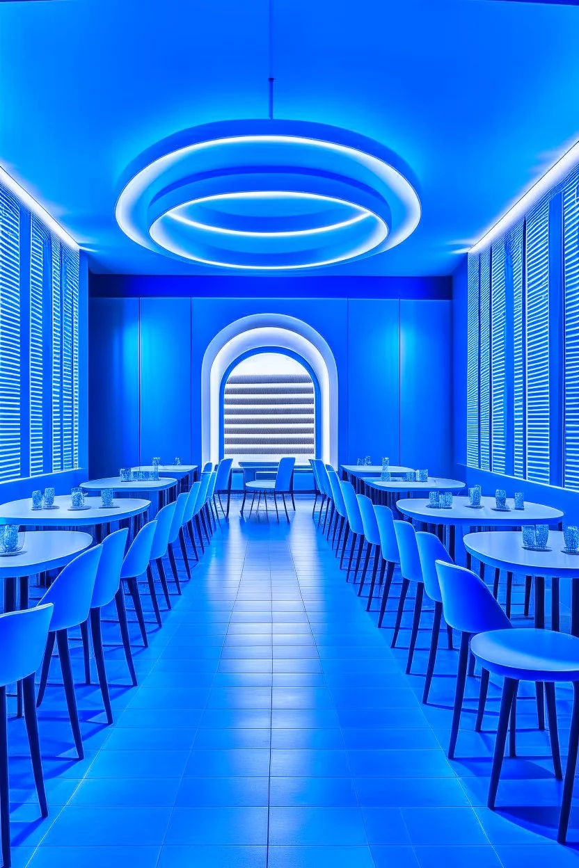 A restaurant with blue walls and a white floor. It contains one table in the middle of the restaurant in an oval shape containing 30 chairs