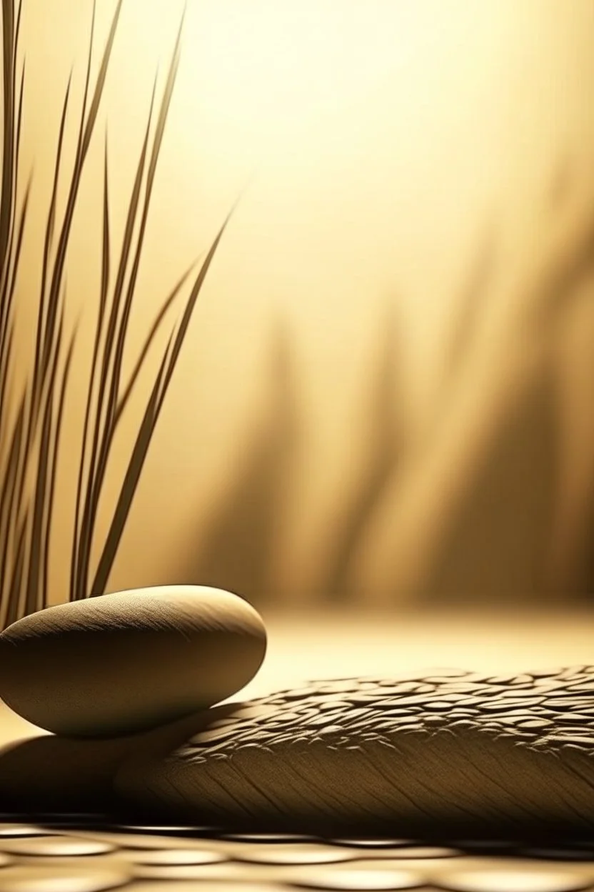 gentle shining background, spa stones and bamboo stem, sand in the background, silhouette of a girl with praying hands on the stones, photorealistic photo