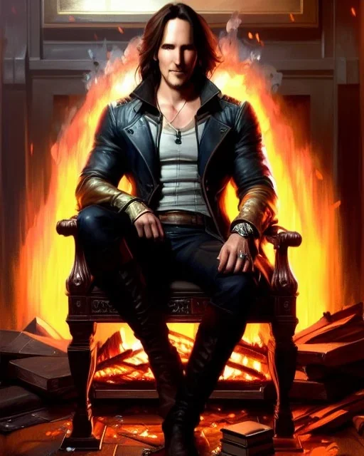 "matt mercer sitting in a comfy chair by a fireplace, beautiful eyes, full-scale head and shoulders portrait, 8k resolution concept art portrait by Greg Rutkowski, Artgerm, WLOP, Alphonse Mucha dynamic lighting hyperdetailed intricately detailed Splash art trending on Artstation triadic colors Unreal Engine 5 volumetric lighting Splash art fantasy