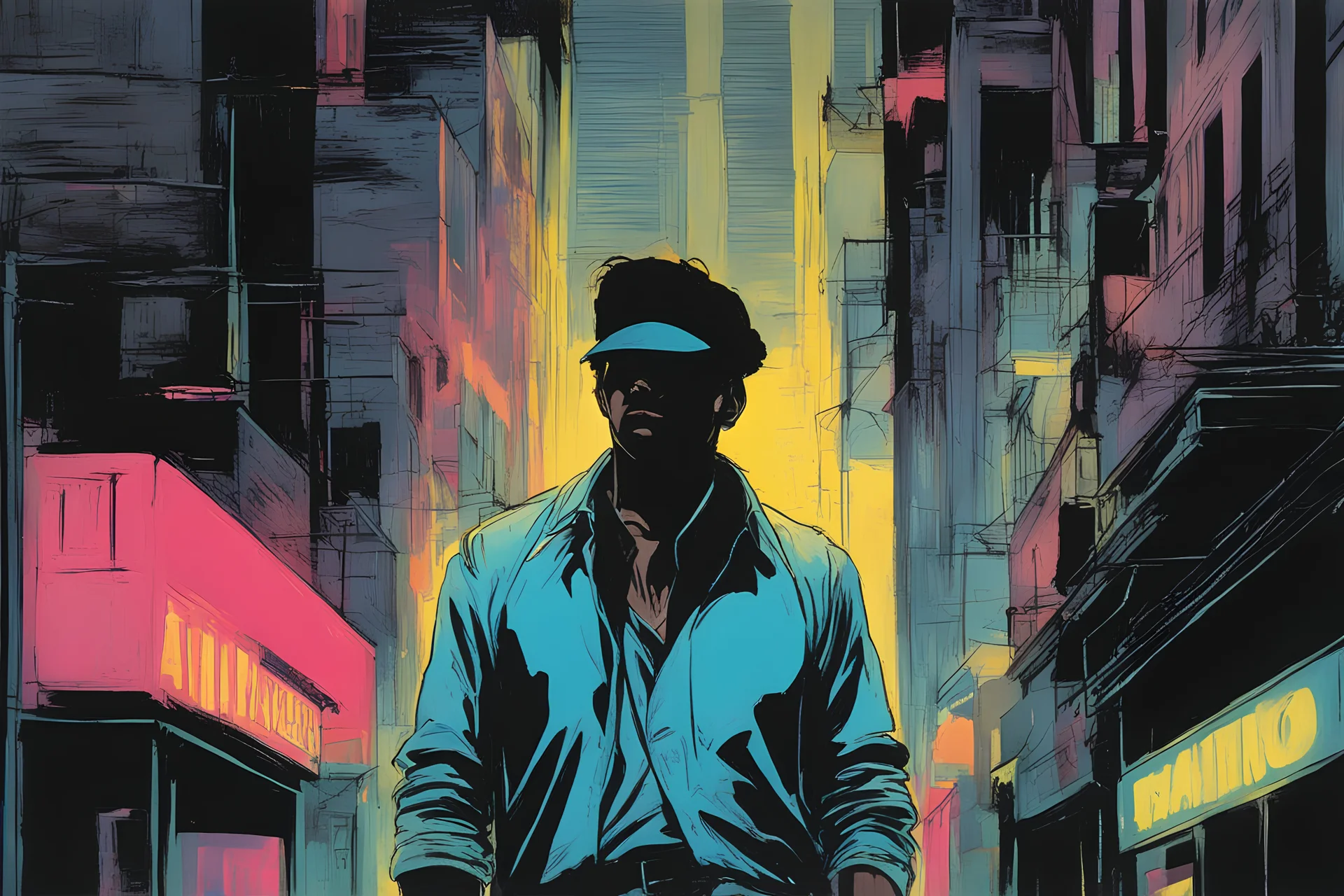 [Frank Miller] new york, seventies, young latino teenager with tanktop walking with head down, alone, latinos, night, neon colors, noir, mystery