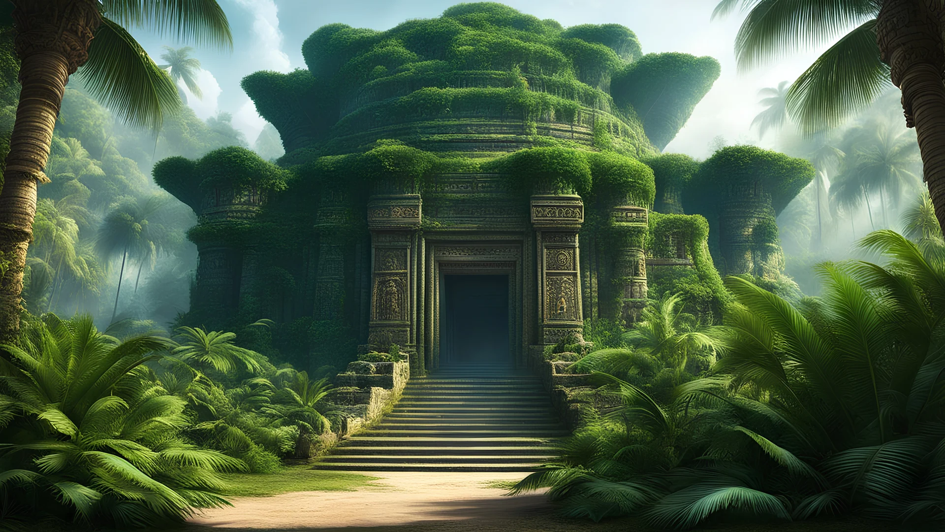 ultra-fine digital painting of a Shape-shifting entity adapting to environments temple mayan lost in a Jungle palms planet with levitating flora, cyberpunkai, super detail, ultra-realism, Volumetric lighting