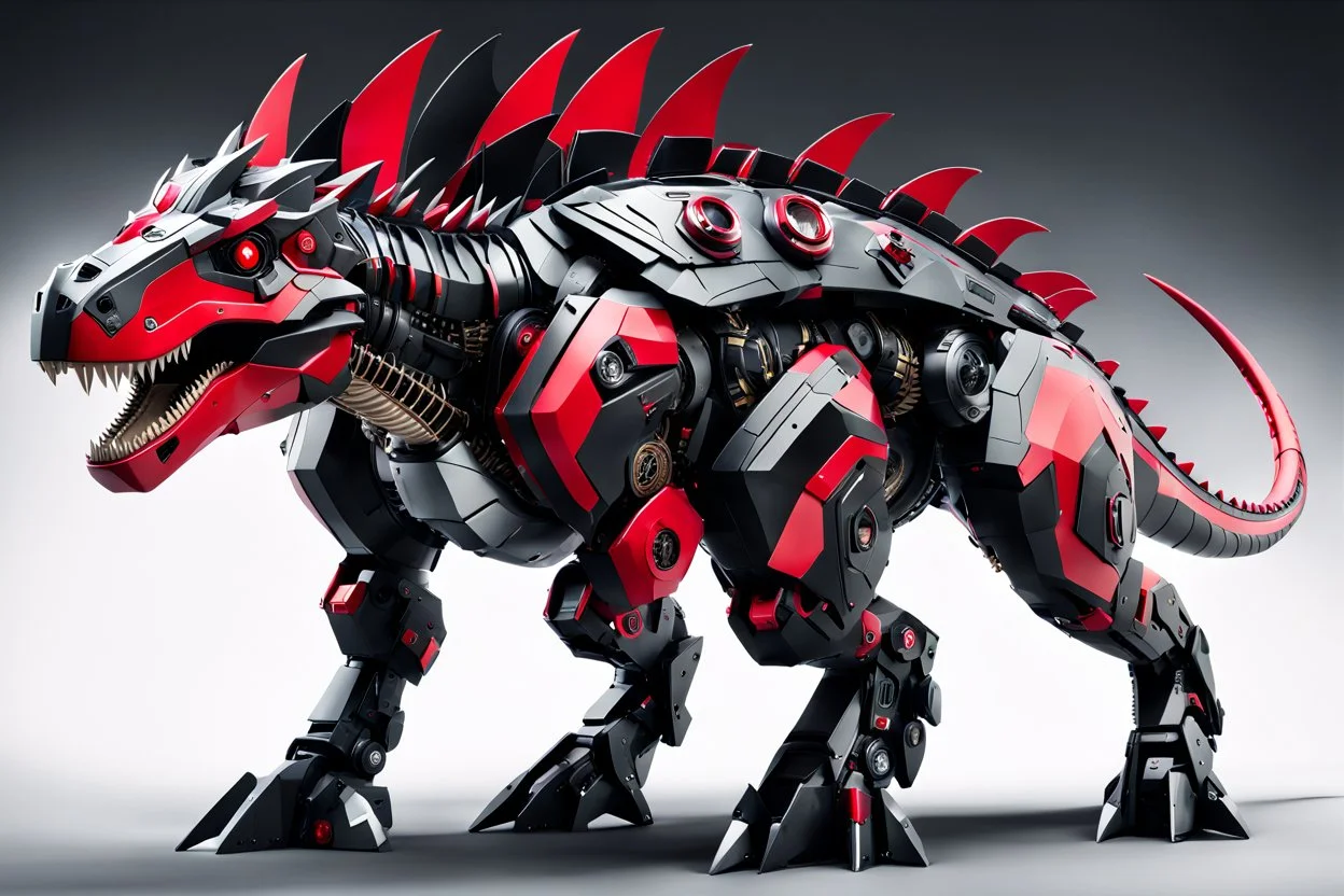 big dinosaur robot with black and red color schemes, in the style of fairy academia, hard-edge style, agfa vista, dynamic pose, oshare kei, hurufiyya, rtx, close picture, intricate details, highly detailed, high details, detailed portrait, masterpiece,ultra detailed, ultra quality