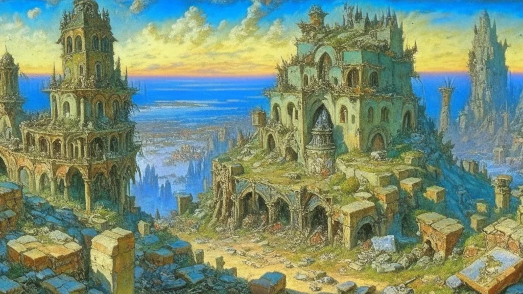 Destroyed City, medieval ruins, debris, stone, breched, brocken, Perspektiv from the sky, by Jean-Baptiste Monge, Ivan Bilibin, Albert Bierstadt, Reza Badrossama, watercolor, intricate details, fantasy, beautiful, oil on canvas, award winning, imperial colours, fantastic view, radient colours, very attractive, crisp quality