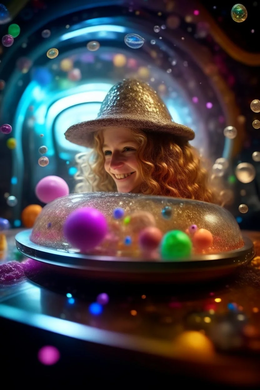 glitter exiting a space ship made of ice cream, smiling with beautiful shiny hair, each inside a pile of transparent jelly bubbles of weird colors, disco egg made of small mirror, light rayz, feast table ,shot on Hasselblad h6d-400c, zeiss prime lens, bokeh like f/0.8, tilt-shift lens 8k, high detail, smooth render, down-light, unreal engine, prize winning