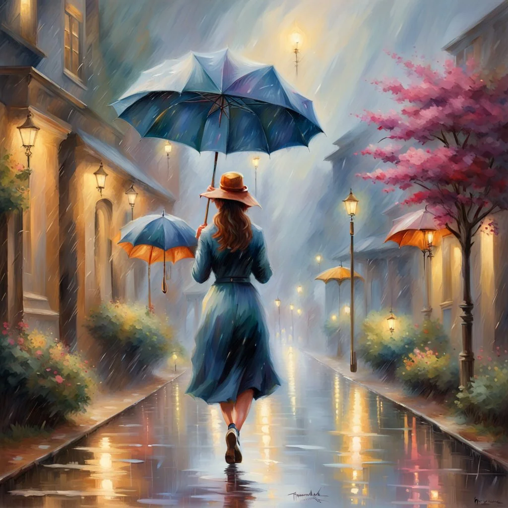 Painting of a Woman Walking in the Rain with an Umbrella, American Romance Painting, 4K Matte Thomas Kinkade, Thomas Kinkade, by Thomas Moran, inspired by Michael Komarck, ( ( Thomas Kinkade ), Thomas Kinkade, Thomas Kinkade, Thomas Kinkade Style, Thomas Kinkade Painting, Spring Eve, by Thomas Kinkade