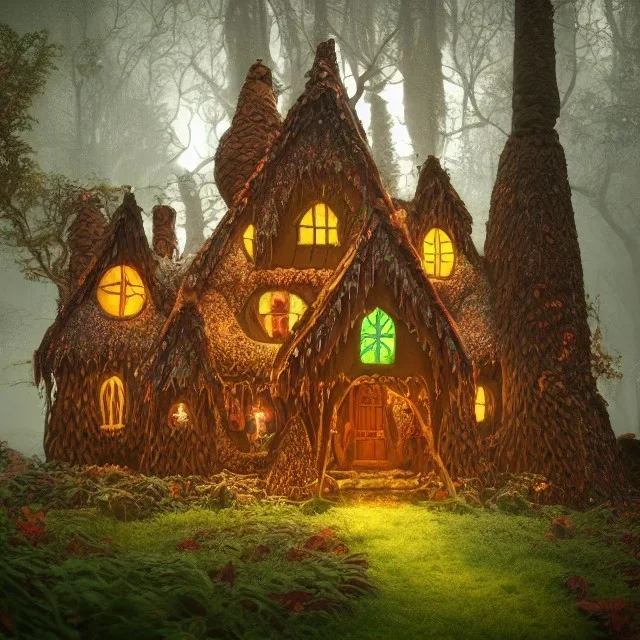 a fantasy witch house in the woods made of gingerbread, frosting, and colorful candy, 8k, flickering light, centered, high-quality, fine-detail, digital art, detailed matte, volumetric lighting, illustration, 3D octane render, brian froud, howard lyon, ben goossens, George Grie, alphonse mucha