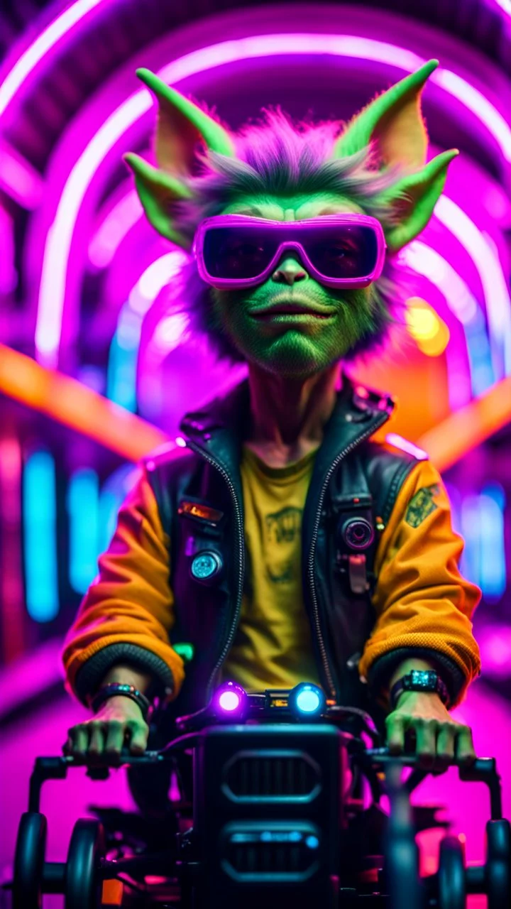 portrait of Hairy Gremlin pimp ninja cyber yoga punk in flying hipster tractor parked in neon lit tunnel,bokeh like f/0.8, tilt-shift lens 8k, high detail, smooth render, down-light, unreal engine, prize winning