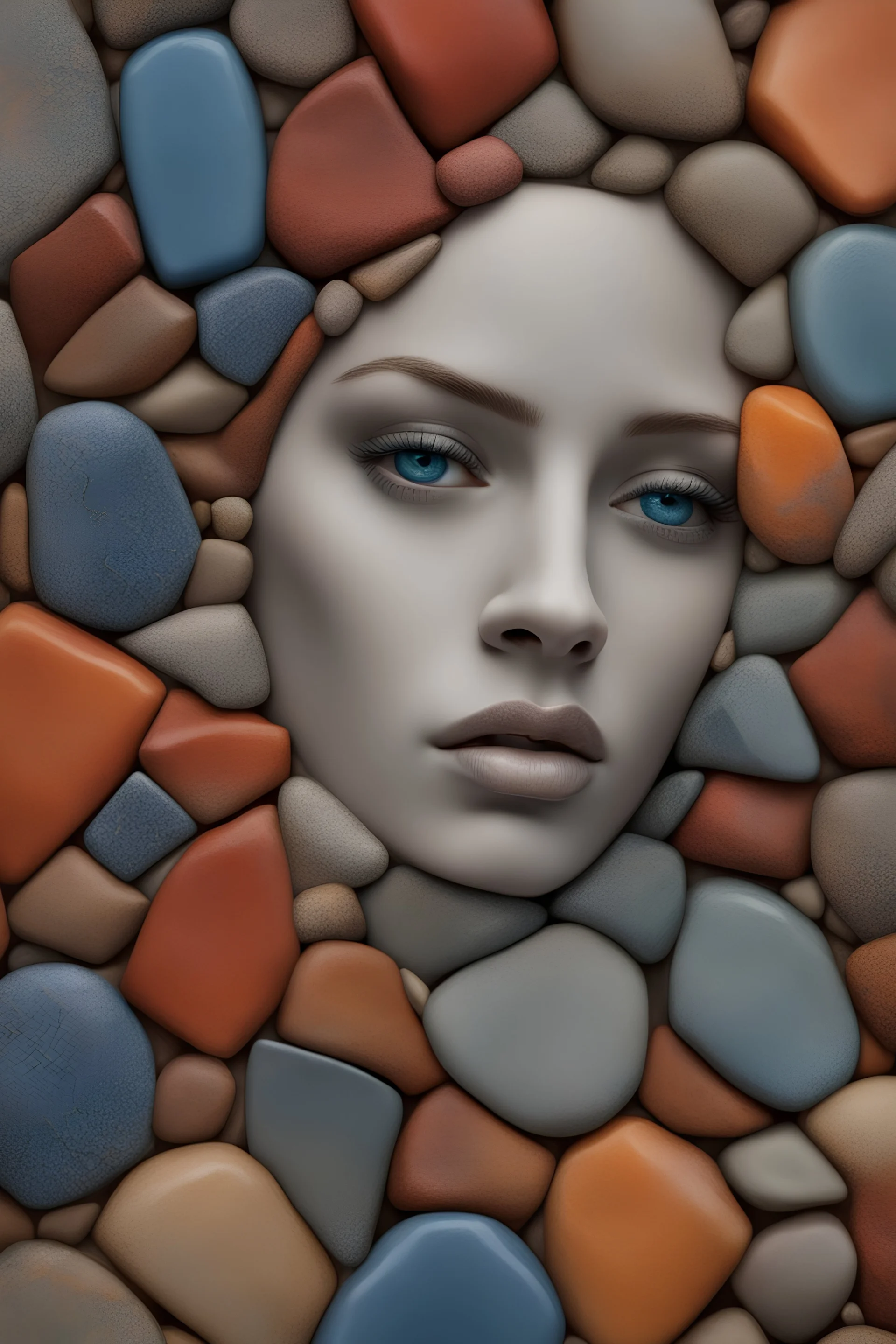 A close-up picture of a beautiful woman superimposed by a collection of variously sized stones with intricate patterns and a range of colors including blues, reds, oranges, and grays. The texture within each cell varies, some appearing cracked and dry, while others are smoother, giving the overall image a rich tactile quality. The natural pattern and the contrasting colors create a captivating and complex visual texture.