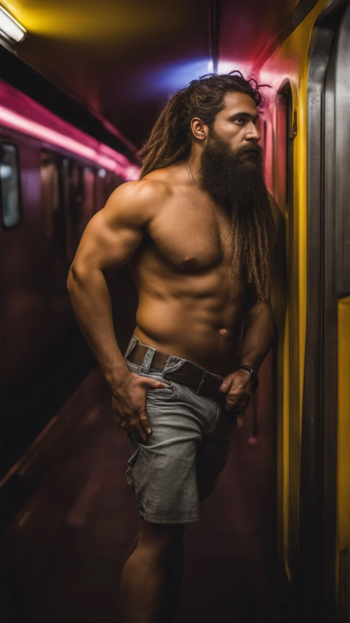 full figure photography of an ugly dirty gipsy burly muscular slim strong man 31 years old with raided beard, dreadlocks, manly chest, hairy , ajar mouth, photorealistic ,shirtless, bulging shorts, side light, inside a crowded subway station , neon lights