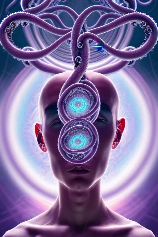 Spiritual being with Tentacles over human Head creating reality around, wrapping Spiral around Human, Psychedelic