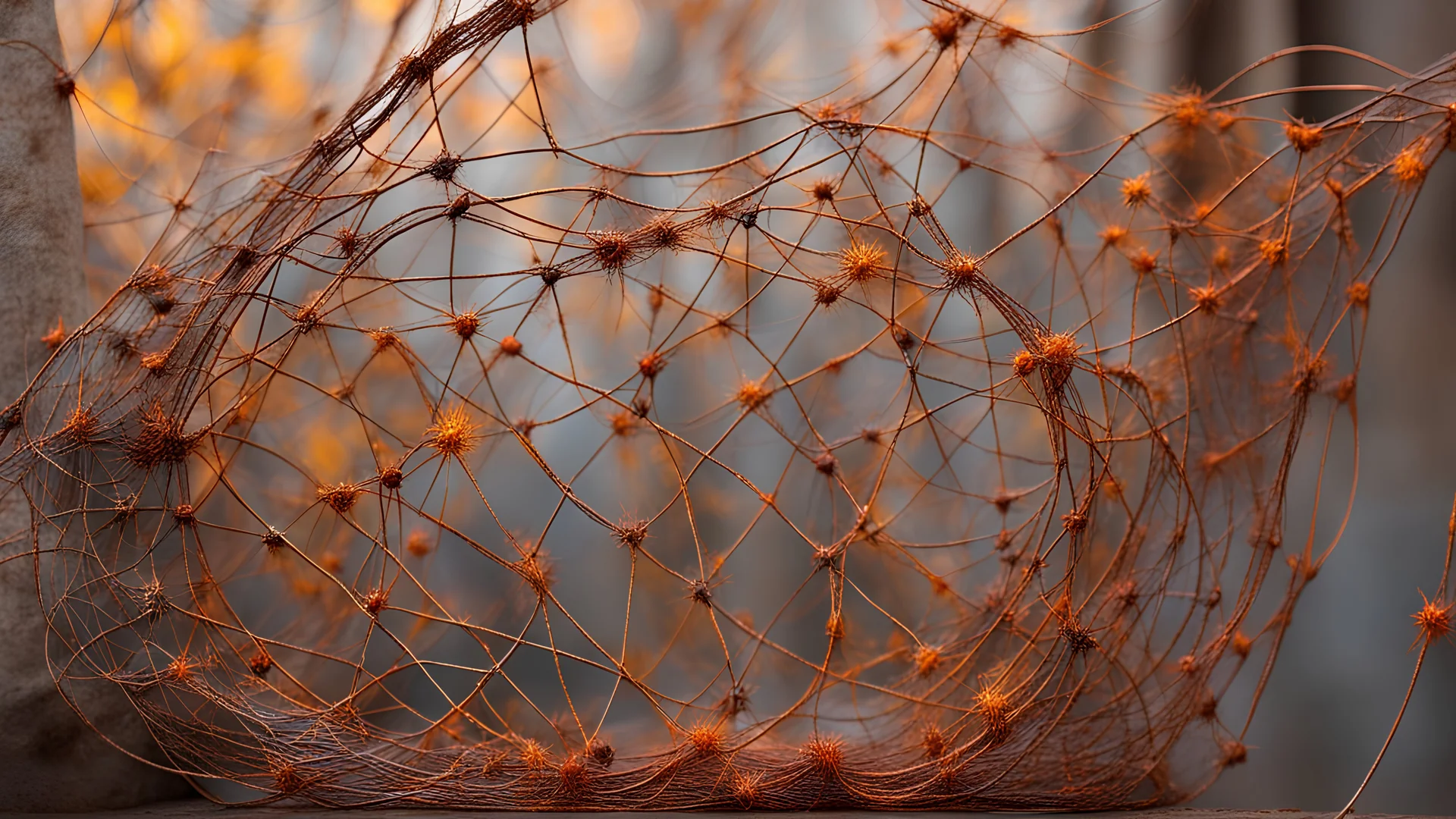 Curved rusted wire decorated with sharp spikes creates a mesmerizing display of warm colors, delicate cobwebs away