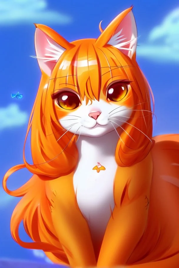 very cute anime cat with long orange hair catching a butterfly