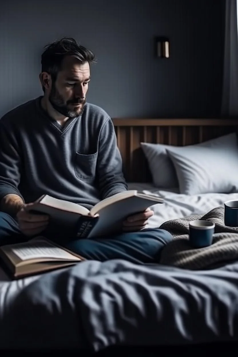 A man in the bedroom is sitting on the bed, wearing his nightclothes, with some books next to him