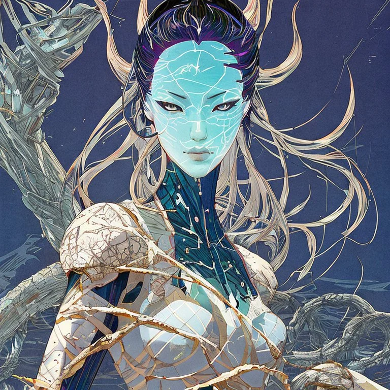 shattered beautiful cyberpunk tall girl, hyperdetailed, illustration by Katsushika Hokusai, darkblue tones,