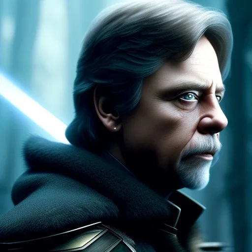 mark hamill walking, dark hair, blue eyes, leather, dark fantasy, art by luis royo and greg rutkowski, portrait shot, concept art, insane detail, ray tracing, photorealism, 8k, octane render, depth of field, backlight