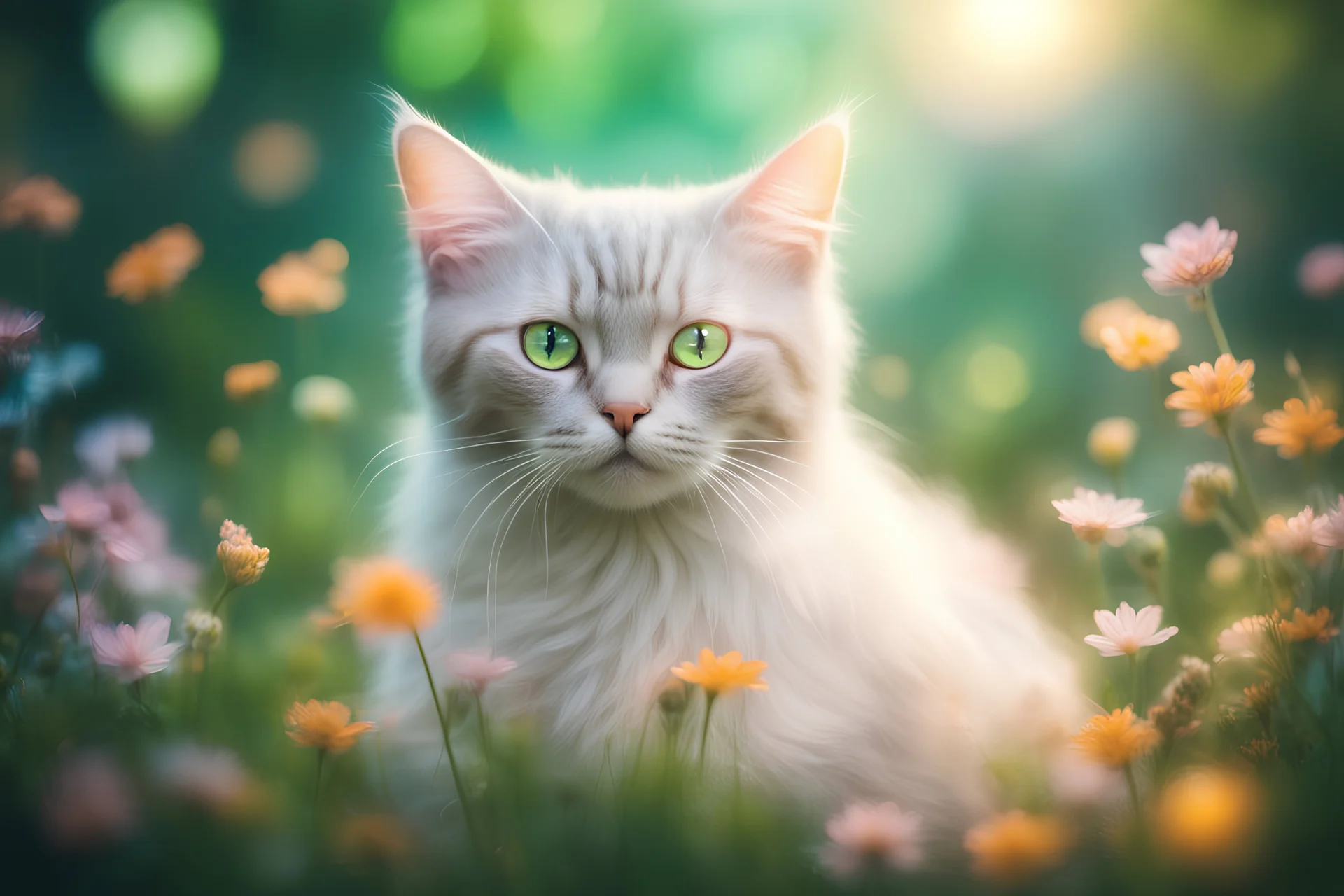 diaphanous colorful transparent light cat with glowing center on green leaves and flowers, ethereal, otherwordly, cinematic postprocessing, bokeh, dof