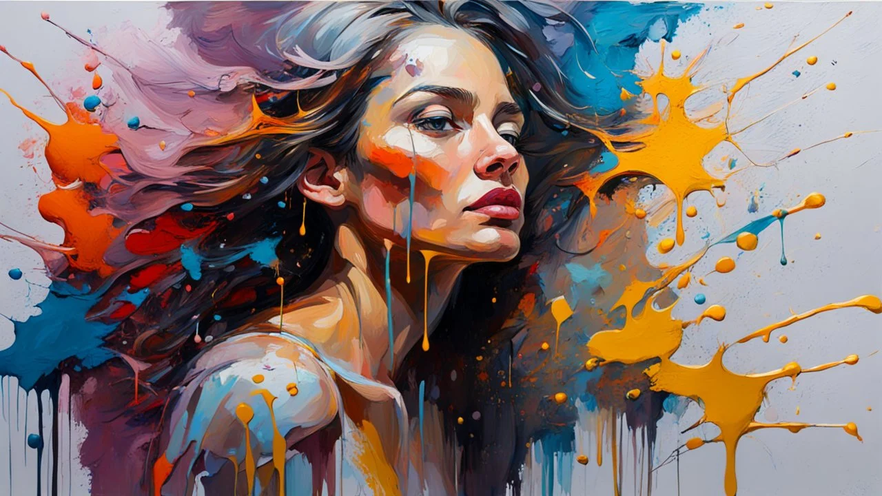 Painting with a dense palette, oil on canvas, hard strokes, paint drips, paint splashes. Woman