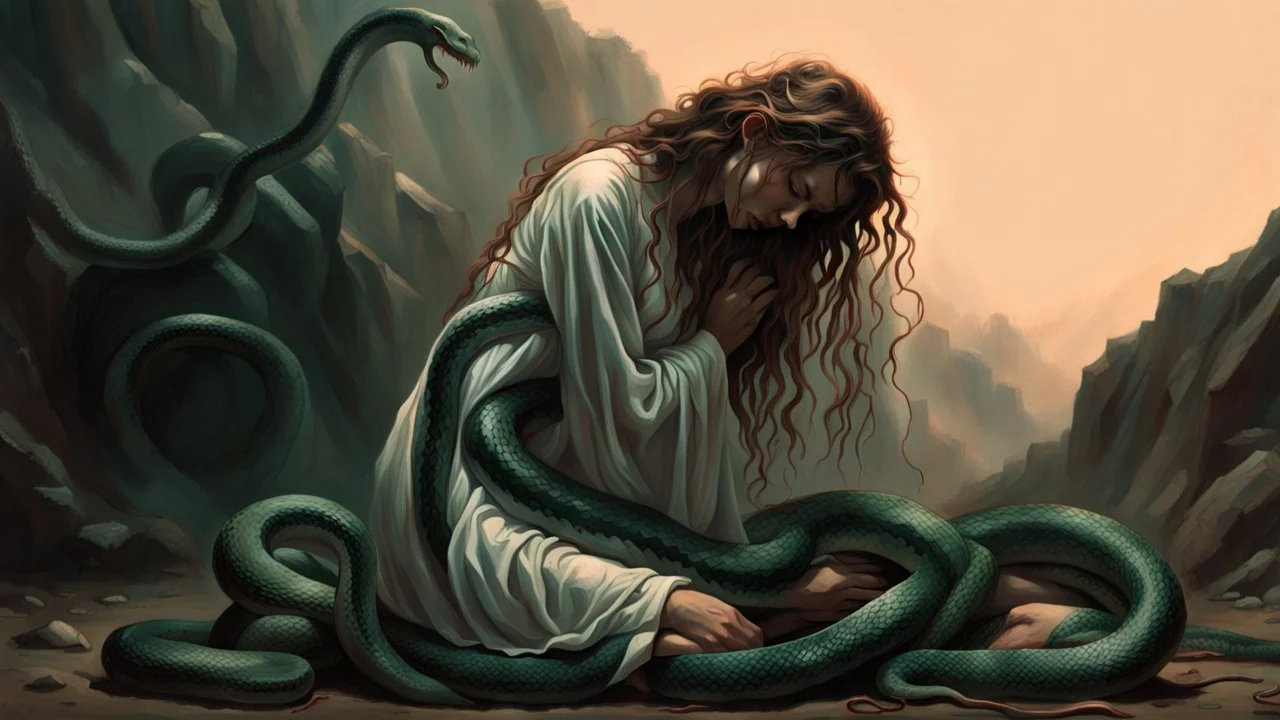 an suffering and crying female figure kneel in vintage white long-sleeve sleepdress and a lot of giant green-brown and black-red snakes climbing on his all body completely covered, twisting her legs , many snake climbing her body and neck, long, braided, frizzy hair, high detalied, high realistic, cinematic, surreal, thriller, dark fantasy, sunset, mistic fog, blur dark forest in background