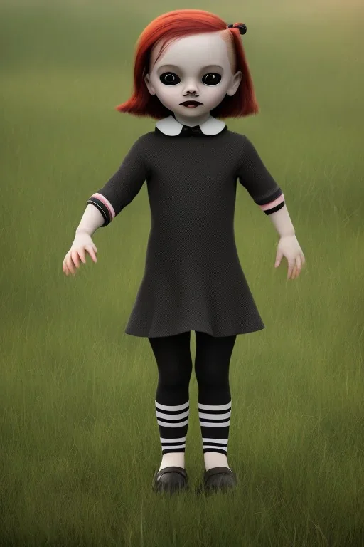 Wednesday Addams toddler, red hair, full body, jump, bokeh, hyper realistic