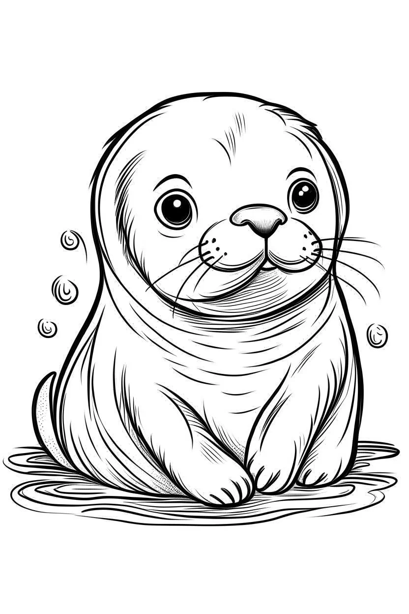 cute coloring page, sketch style, cute baby seal in the ice, cute cartoon, white and black, withe background, no shadows, outline.