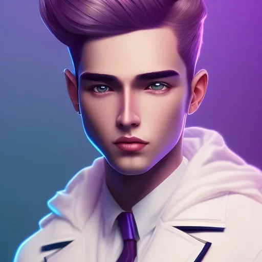 man, cute face, white highlight hair, brown eye, white, skin, purple suits, futuristic, science, purple, blue, dark pink background lighting, technology, profile, asian boy, square face, light orange, pug nose