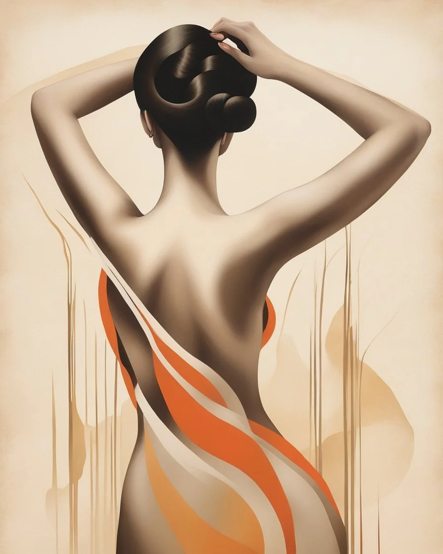 Esboço do corpo de uma mulher, with her back turned, and her arms are outstretched line fluid abstract, art style by Coco Vandi, retro minimal, trendy art, art style by Eckhart Tolle and Fabio Hurtado