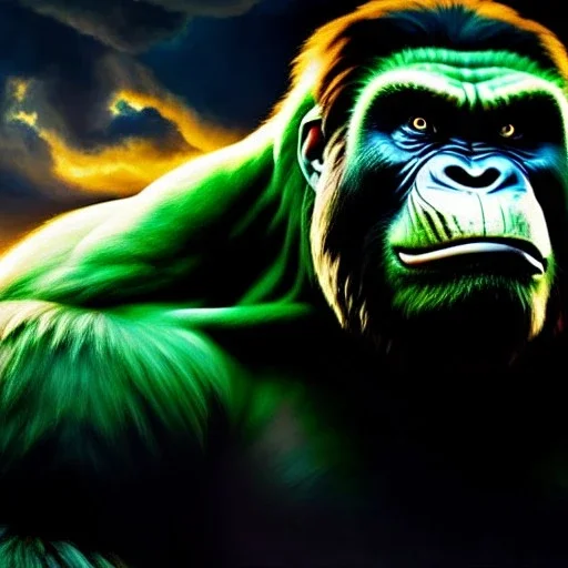 Ultra detailed fullbody Portrait in oil on canvas of King Kong merges with Hulk ,intense stare,extremely detailed digital painting, extremely detailed face,crystal clear Big eyes, mystical colors ,perfectly centered image, perfect composition, rim light, beautiful lighting,masterpiece,8k, stunning scene, raytracing, anatomically correct, in the style of robert e howard and Ken Kelley and Ohrai Noriyoshi and Simon Bisley and tomzj1