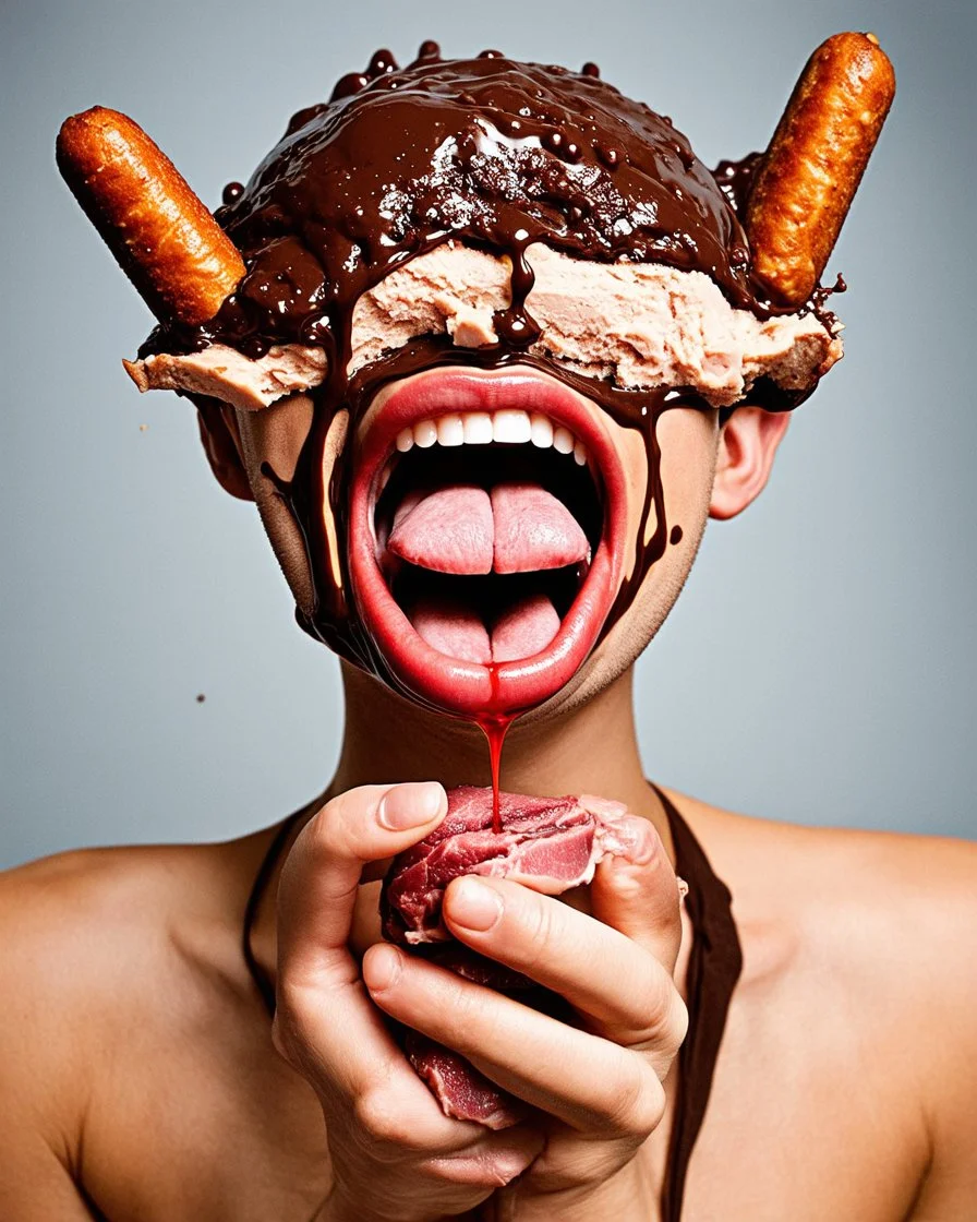 Neo Surrealism headpieces ice creams chocolate liquid flowing, licking meat sausage,holding meat sausage put in mouth,liquids splashing in mouth feel delicious